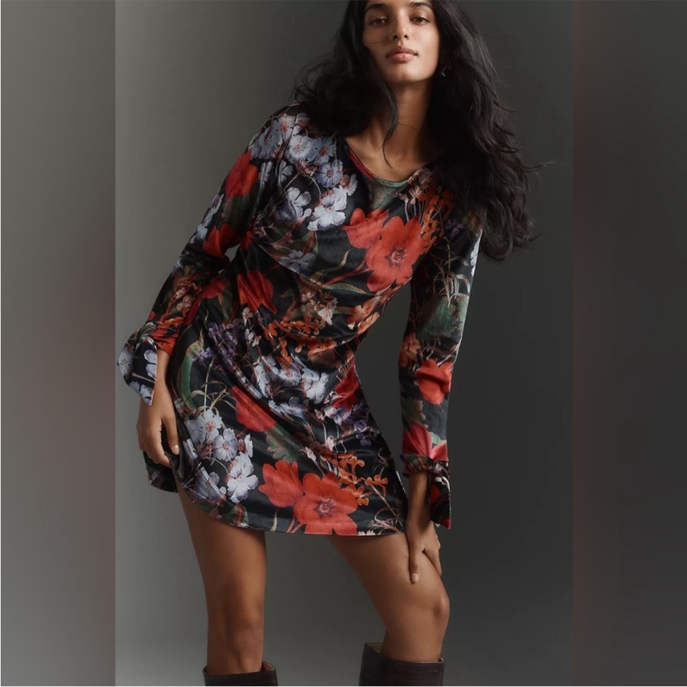 Anthropologie Hutch Shelby Long-Sleeve Velvet Shift Dress Black Multi Winter MP